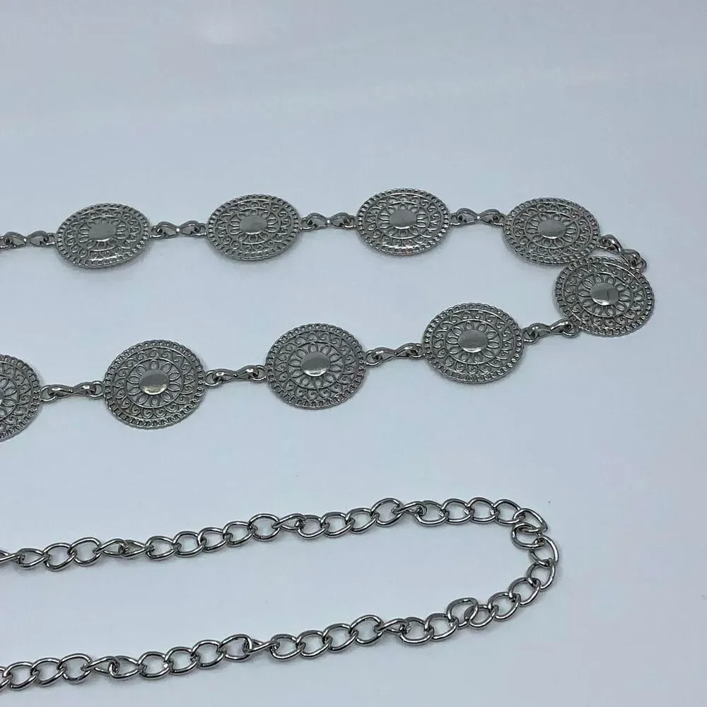 Vintage Y2K Boho Silver Mandala Circle Chain Belt, Fits 26.5–46 Inches, X7GA1166